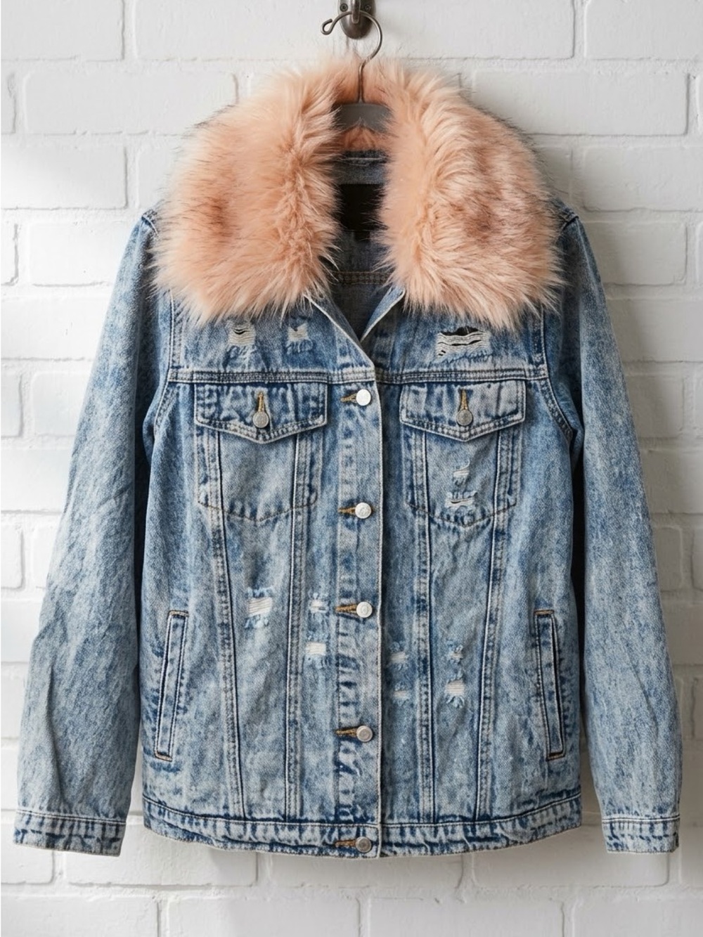 Highly Sought After Honey Punch Acid Wash Denim Jacket w/ Pink Faux Fur Collar